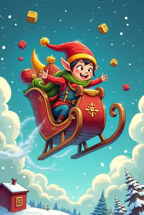 Sleigh with an elf in the sky in the form of comics , agregar a los ⚜️ y 🍀  con dados dorados y rojos colgados alrededor