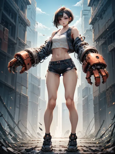 1girl with mechanical arms wearing a tantk top and hotpants small breasts black short hair with side cut full body viewfront view