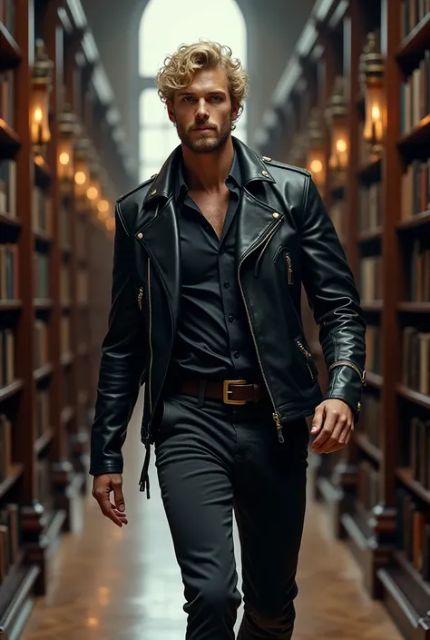 Create a beautiful hellman , short blond curly hair,  a wide smile and a sharp jaw ,  blue eyes , Tall looking to the side as he smiles and walks through the middle of some bookcases,  that he wears with a dark leather combat outfit . Look beautiful and im...