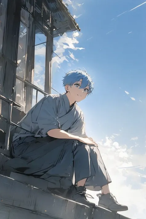 male, boy, full body, smile, outdoors, daytime, simple background, blue sky, short hair, blue hair, grey eyes, sky, looking at the audience, sitting on the stairs, moody lights,