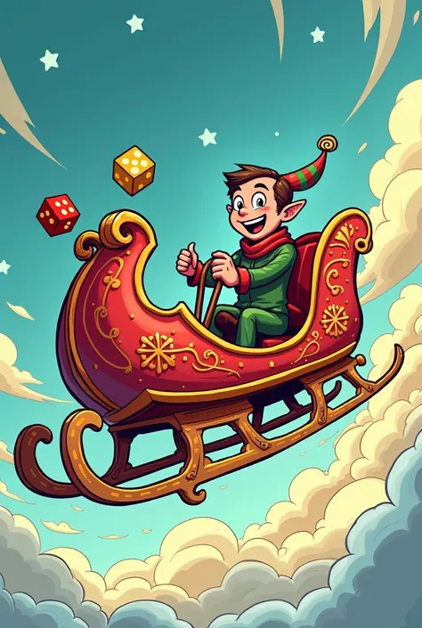 Sleigh with an elf in the sky in the form of comics , agregar en la parte frontal el símbolo ⚜️ y 🍀  con dados dorados y rojos colgados alrededor