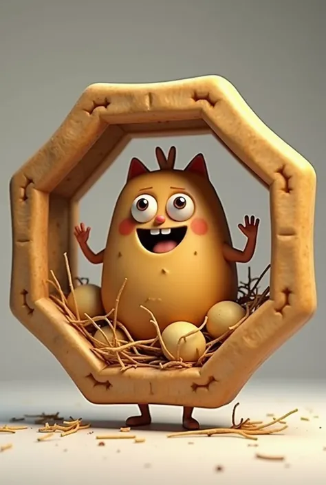 Create a photo of an animated cold pie with straw potatoes inside an octagon of mma