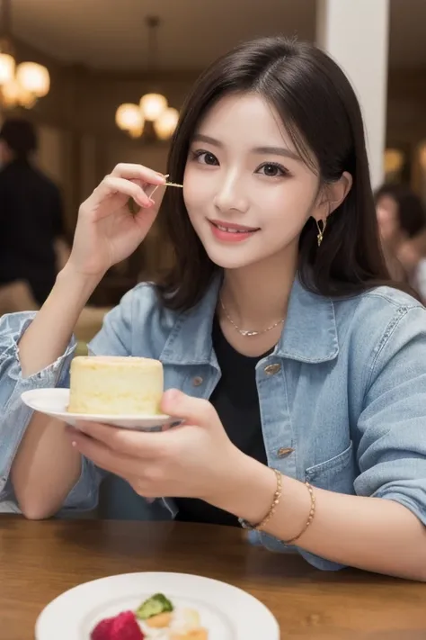  eyes that seem to be sucked in , cute double , Mysterious woman enjoying chiffon cake at cafe, peach,  inside a calm cafe ,  medium hair with loose inner curls,  clothes chosen for a date , Talented , Kind personality,  woman who is very particular about ...