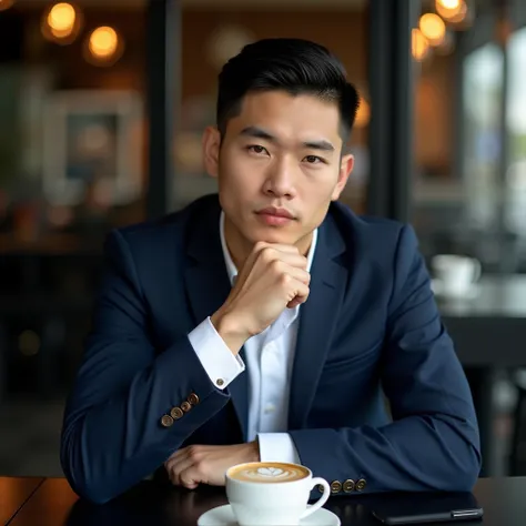 prompt: A young handsome man of neat short hair Undercut 25-year-old Thai .in a fashionable navy suit sitting contemplatively at a black table there is a cup of latte coffee and an HP iPhone, He poses confidently ,  puts his chin in his hands .  The backdr...