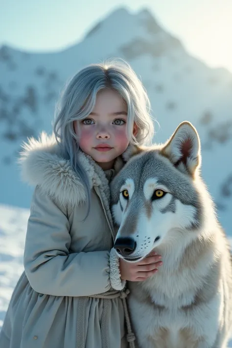  a girl and a wolf ,  best quality, Realistic, alone,  character depth of border , Natural light, afternoon, Fascinating,  beautiful face , Clean , pure face,  pale skin, Cuteness, Short gray hair ,  lots of snow , Snow mountain,  concave chest ,  bursting...