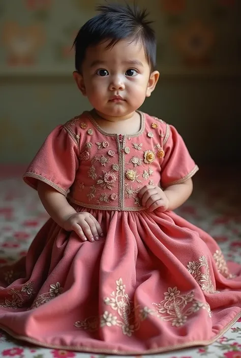 Nepali Weaning ceremony dress for 6 monthj baby girl . dark pink rose color. Unique design. Inner simple frock with floral down and a seperate crop embroidery outer of velvet . 