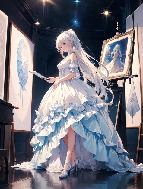 ((a girl)),  ultra-realistic photo of a girl in a beautiful ball gown in light blue, Big beautiful dress , Complex fancy ball gown with  ( best quality,  masterpiece, Art stations, Fantasy Art:1.2), ,  beautiful cute girl , (long silver-white hair :1.1), (...