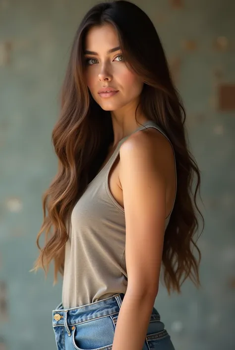 A woman with striking physical features that exude effortless elegance. She has long, voluminous hair that falls gracefully down her back, the kind that effortlessly commands attention—possibly dark brown, chestnut, or a subtle golden blonde. Her eyes are ...