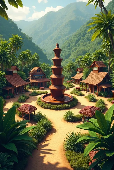 I need a plan,  of a cocoa farm , beautiful,  that have trails ,  lots of trees,  small stores , stalls,  a place to eat ,  in the center there must be a chocolate fountain,  that you can see the entrance , more modern