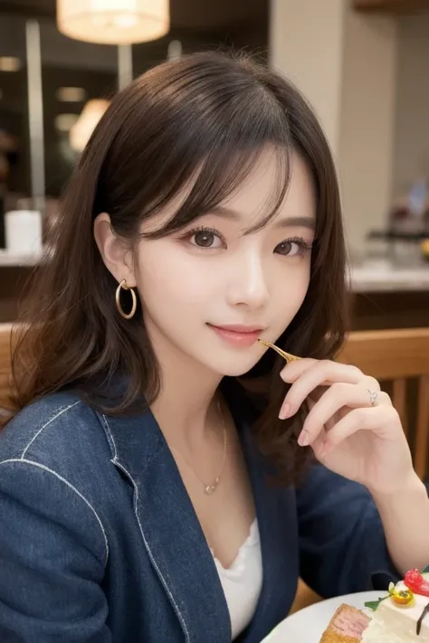  eyes that seem to be sucked in , cute double , Mysterious woman enjoying chiffon cake at cafe,  inside a calm cafe ,  medium hair with loose inner curls,  clothes chosen for a date , Talented , Kind personality,  woman who is very particular about the det...