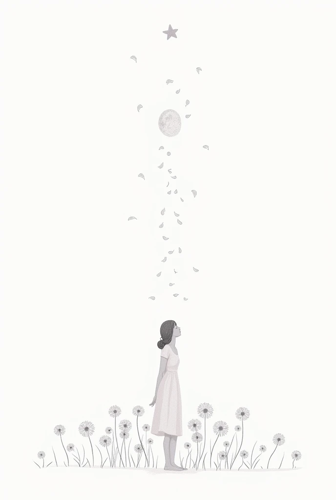  A minimalist artistic composition with a white background .  At the bottom of the image ,  is the white silhouette of a woman standing gracefully ,  accompanied by cherry blossoms whose petals are gently dispersed in the air.  At the top , a star is delic...