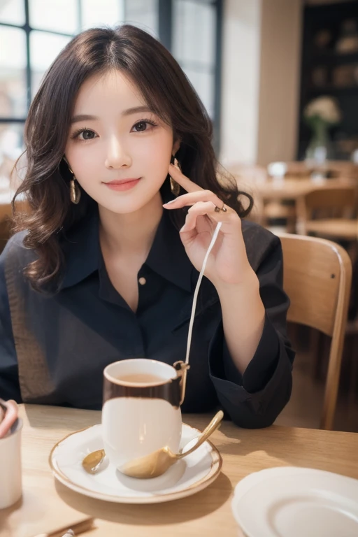  eyes that seem to be sucked in , cute double , Mysterious woman enjoying chiffon cake at cafe,  inside a calm cafe ,  medium hair with loose inner curls,  clothes chosen for a date , Talented , Kind personality,  woman who is very particular about the det...