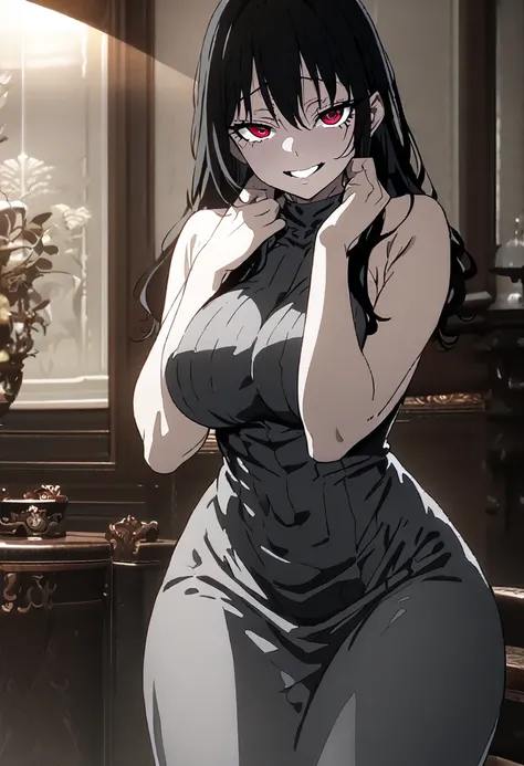 Masterpiece, detailed CG illustration,Beautiful woman,(looking at viewer),posing,beautiful skin,(large breast:1.25),growing red eyes,narrowed eyes,Small eyes,black longhair,elegant gray tight dress,hands on own face,yandere,mad smile,in living room,cowboy ...