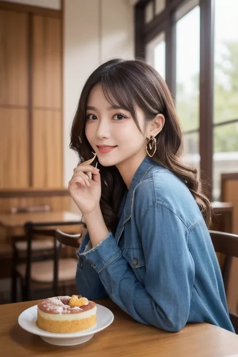  eyes that seem to be sucked in , cute double , Mysterious woman enjoying chiffon cake at cafe,  inside a calm cafe ,  medium hair with loose inner curls,  clothes chosen for a date , Talented , Kind personality,  woman who is very particular about the det...