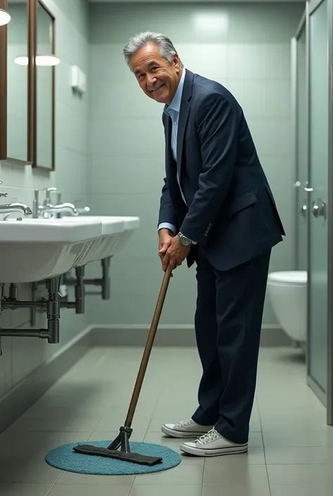 Create an image of an executive man ,  over 50 years old , smiling,  dressed in a suit but wearing Converse ,  shoes while cleaning as a janitor in an office bathroom.  Hyperrealistic image,  photographic effect, 8K, 3D, 