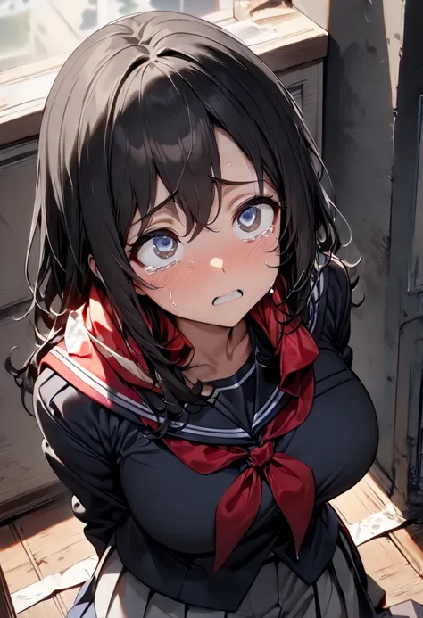 (  Masterpiece  ,   top quality:1.2), 1 girl, Alone,  expressive eyes, Crouch on the floor, (((Looking up))),  looking at the camera,  Female College Student,  Short Black Hair , ((( perfect face girl who wraps a neckerchief directly around her neck))), Bi...