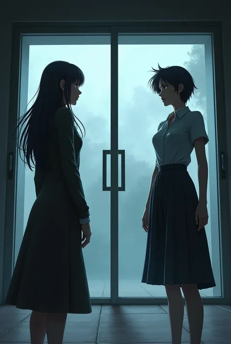 Two women face each other with a large glass door that slides behind them in the style of Ace Attorney and make the image at an angle showing the woman on the left with her back doing the night