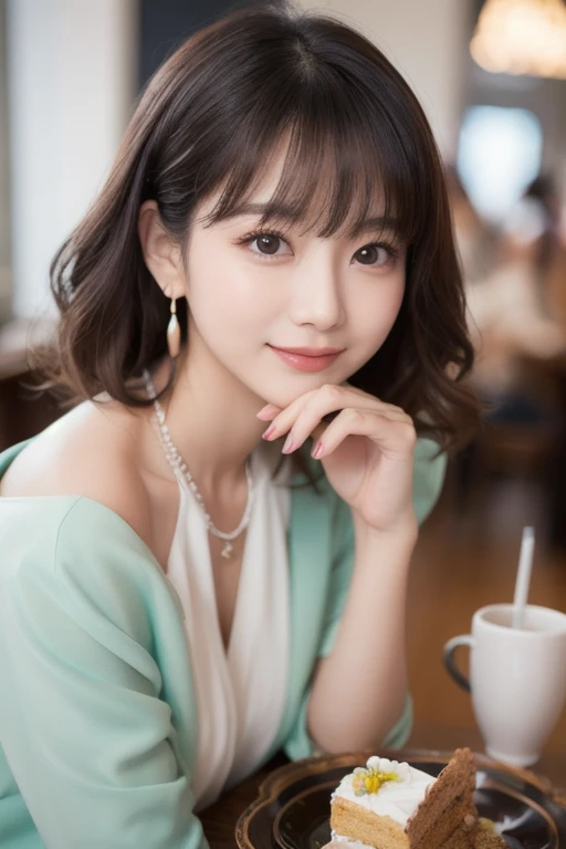  eyes that seem to be sucked in , cute double , Mysterious woman enjoying chiffon cake at cafe,  inside a calm cafe ,  medium hair with loose inner curls,  clothes chosen for a date , Talented , Kind personality,  woman who is very particular about the det...