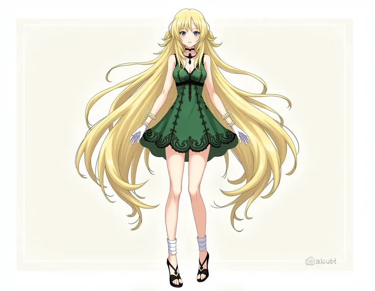 Make a female hair character: Long and blonde. clothing: Short green dress with black details,  white gloves and high-heeled sandals .  Accessories :  White bands on the arm and leg . Design: naruto anime style, with an elegant and detailed look 