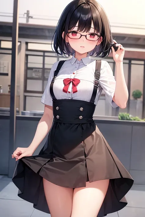  1 girl ,  high definition ,Glasses、  blush,  black hair,  red eyes, accurate,  anatomically correct,  top quality, masterpiece, Short Hair、river、play、 dress、 Soaking、 short、 flat chest,  embarrassing