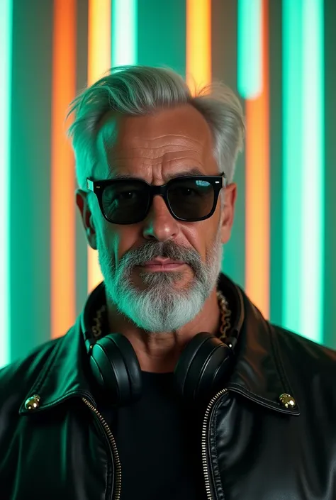 ANALOG image is a digitally created poster for the dj . The central figure is a FIT man with short hair WITH FEW gray STREAKS IN hair and FULL beard, white caucasian mid 50s wearing a BLACK SHINY BOMBER jacket with ORNAMENTS, BLACK T SHIRT headphones AROUN...