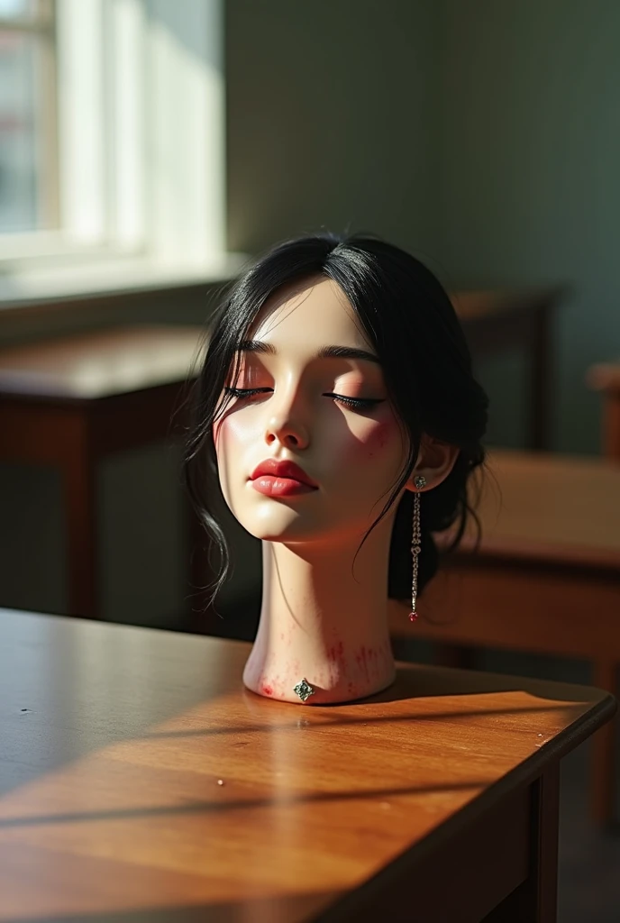 In a classroom bathed in Bright, natural light, an unsettling yet strangely serene scene unfolds. On the wooden surface of a school desk, a real Rusian womans bloody disembodied head rests delicately, its presence both captivating and eerie.Rusian womans s...