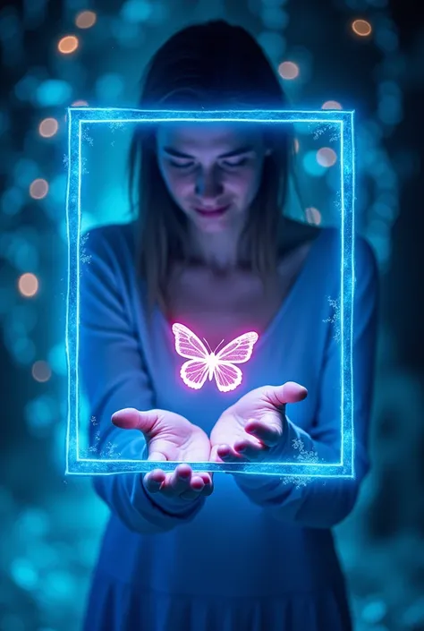  someone is holding a pink butterfly in a blue frame, a hologram by Jan Rustem, pixabay, holographyy, holographyic projection, holographyic display lenses, huge holograms, holographyic case display, holography, holographyic interface, holograms, holography...