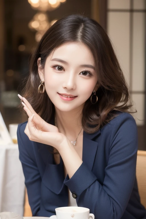  eyes that seem to be sucked in , cute double , Mysterious woman enjoying chiffon cake at cafe,  inside a calm cafe ,  medium hair with loose inner curls,  clothes chosen for a date , Talented , Kind personality,  woman who is very particular about the det...