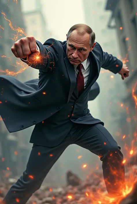 Generate an image of Vladimir Putin, fighting in the air in a position as if I were going to throw a punch but with a drawing style similar to that of Arcane