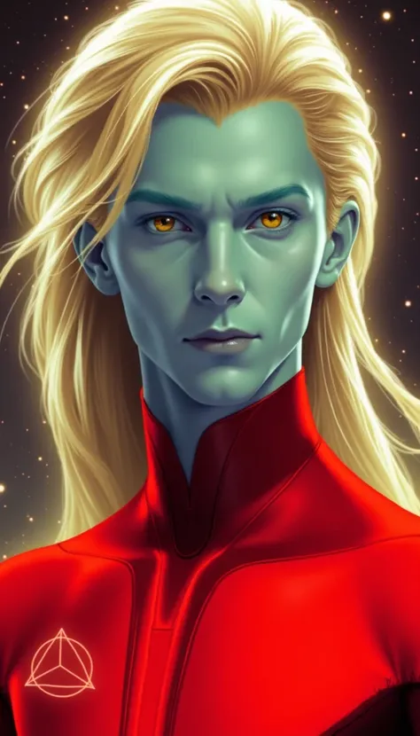 an alien male, no ears, blonde long hair