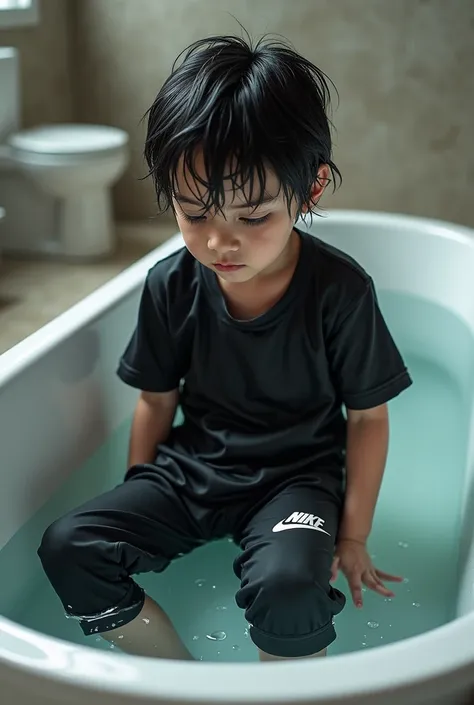 Boy, with black T-Shirt, long pants, from Nike, in the with water filled big Bathub, soaking wet clothes, water dripping from his Clothes and Hair, looks at his wet clothes