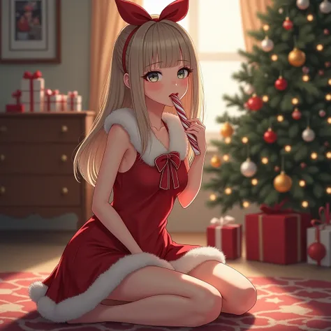 in one. Living room with a giant Christmas tree ashy blonde woman straight hair gray almond eyes light dark skin wears red ribbon babydoll with white plush details in a mini skirt she is sitting on the floor in one hand she has a red and white cane candy s...