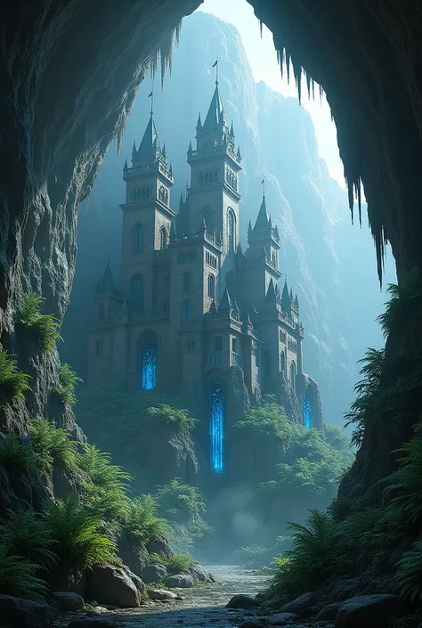  Realistic image of a rock castle inside a cave, in the cave there is vegetation and bright blue crystals 