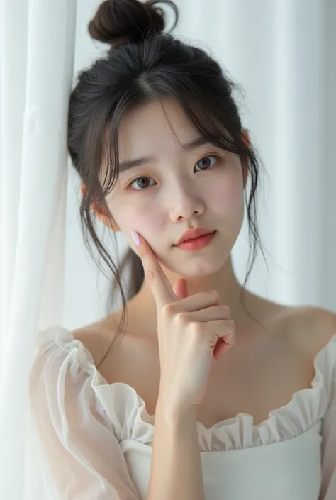  A Korean woman in her 20s with white skin is pointing her finger at her cheek.
 The hairstyle is an olymped hair style. .  The background is a simple white curtain blowing in the wind, . The girl is so innocent. .