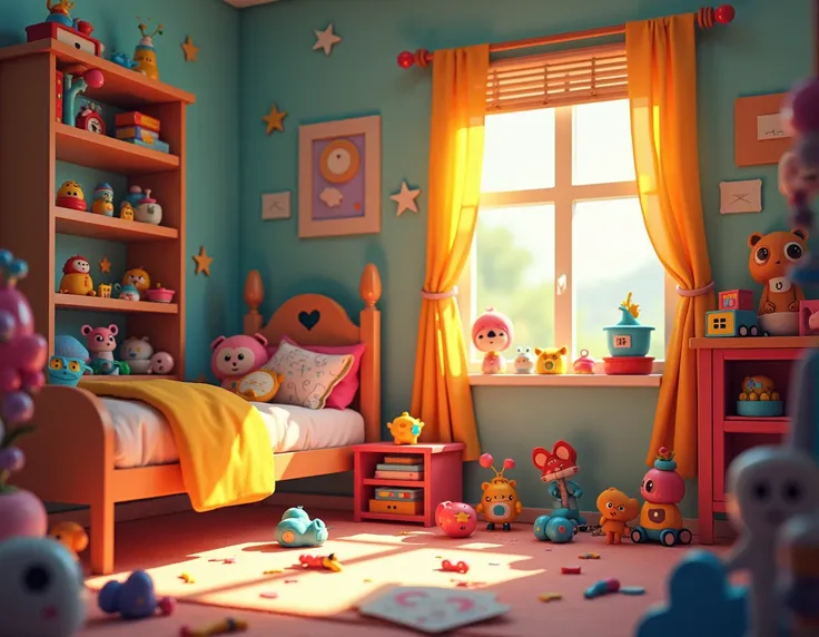 A s room ,  with discarded toys and cheerful colors