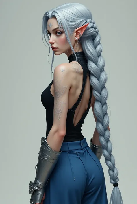  short-eared female elf , medium height , muscles in the arms and torso, calm appearance  , very long silver hair with bluish and curled tips usually tied in a thick braid,   pale skin with white tattoos in the shape of fine lines adorning the arms ,legs a...