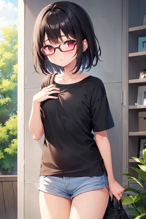  1 girl ,  high definition ,Glasses、  blush,  black hair,  red eyes, accurate,  anatomically correct,  top quality, masterpiece, Short Hair、river、field、play、 light clothing、 Soaking、 short、 flat chest,  embarrassing