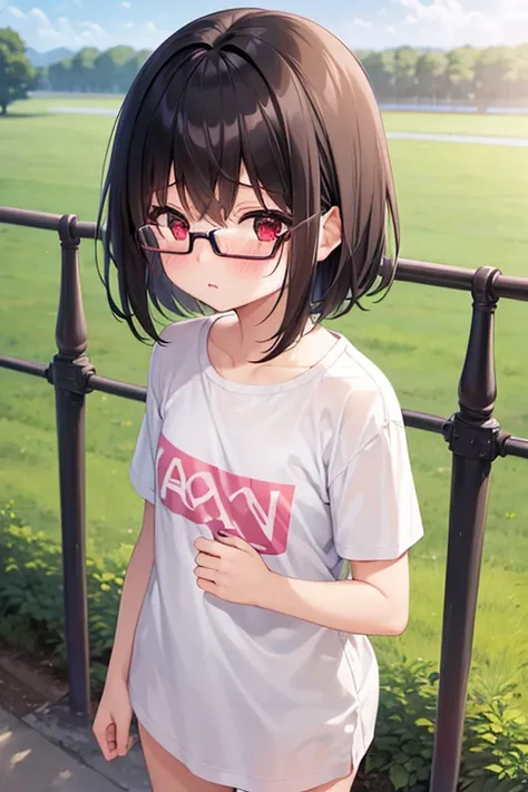  1 girl ,  high definition ,Glasses、  blush,  black hair,  red eyes, accurate,  anatomically correct,  top quality, masterpiece, Short Hair、river、field、play、 light clothing、 Soaking、 short、 flat chest,  embarrassing