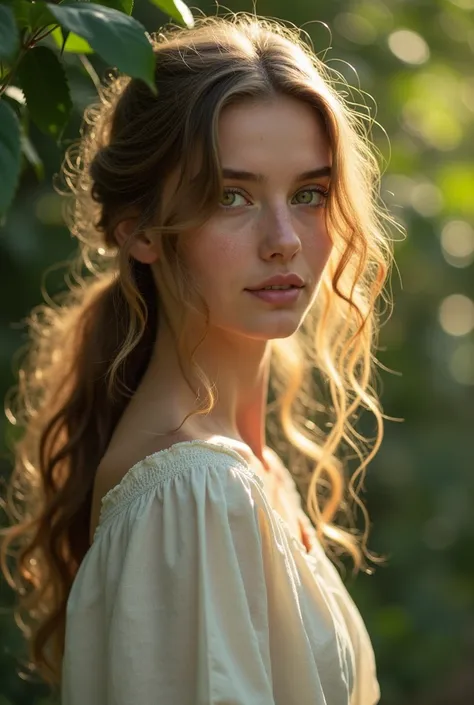 hair:  Liora would have long hair ,  wavy and light brown ,  feature with a soft golden glow reminiscent of the warmth of the sun on the leaves of a tree .  Her hair would look natural , without much exaggeration,  but with a touch of sophistication that m...