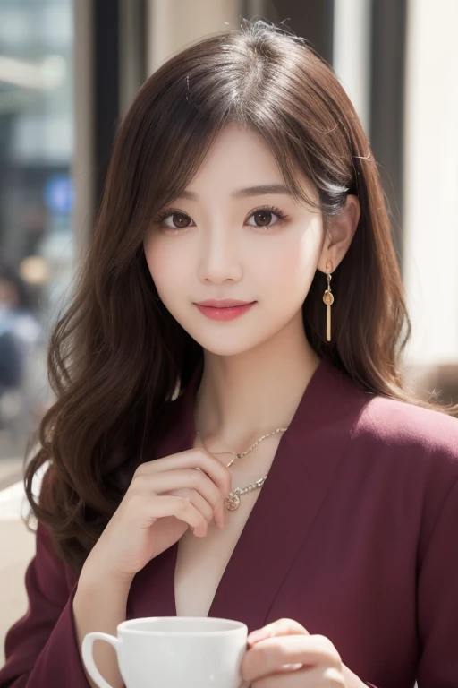  eyes that seem to be sucked in , cute double , Mysterious woman enjoying chiffon cake at cafe,  inside a calm cafe ,  medium hair with loose inner curls,  clothes chosen for a date , Talented , Kind personality,  woman who is very particular about the det...