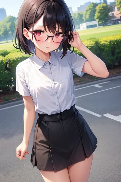  1 girl ,  high definition ,Glasses、  blush,  black hair,  red eyes, accurate,  anatomically correct,  top quality, masterpiece, Short Hair、Riverbank、field、play、 light clothing、 Soaking、 short、 flat chest,  embarrassing