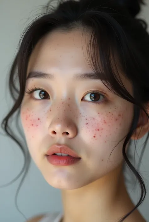  is a close-up of the face of a Korean woman in her 20s with freckles. 
 has a lot of freckles on the left, and the , Its not on the right; . 
 hairstyle is a two-pronged bundle .  The background is calm and simple, so .