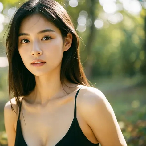 A hyper-realistic image of a single Japanese woman in her early 20s, captured with the nostalgic warmth and subtle graininess of a film camera. Her skin has a warm beige tone with a natural, slightly rough texture that includes visible pores, fine lines, a...