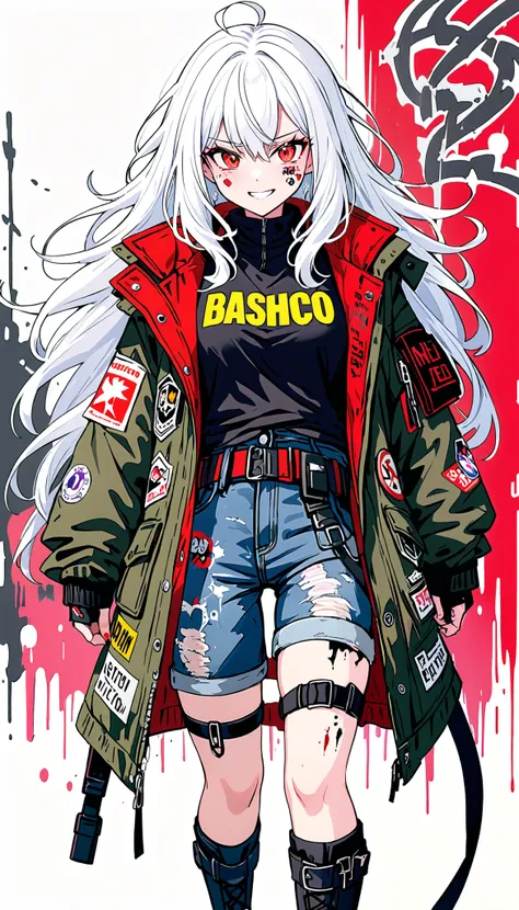 Human, Girl,Persona: "Psycho" + "bloodthirsty" Appearance: "Short stature (barely 5 feet tall)" + "extremely long, curvy white hair that drags behind her like a wild storm cloud" + "mismatched eyes: one fiery red, the other a cybernetic violet glow" + "a g...