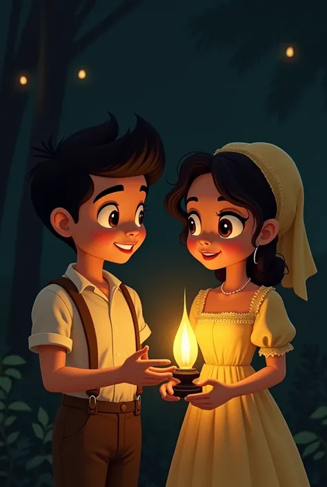 GENERATE THE EYES OF THE GUY HOLDING A LAMP IN THE DARK BUT MAKE IT IN OLD FILIPINO, SPANISH COLONIAL WEAR AN ILLUSTRADO AND image of a lady wearing A KATIPUNERA OUTFIT TALKING TO EACH OTHER MAKE IT HISTORICAL FILIPINO ANIMATION
