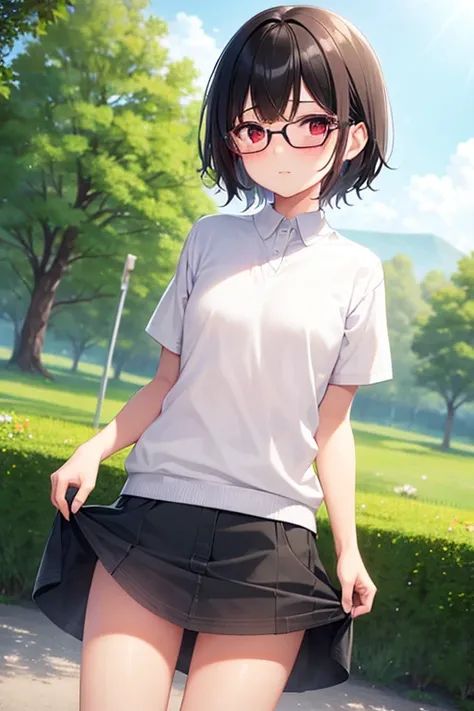  1 girl ,  high definition ,Glasses、  blush,  black hair,  red eyes, accurate,  anatomically correct,  top quality, masterpiece, Short Hair、Riverside、field、play、light clothing、 Soaking、 short、 flat chest,  embarrassing