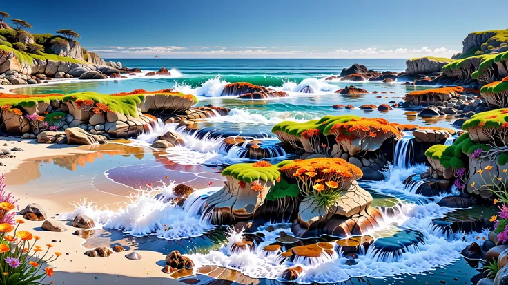 A Masterpiece In 32K Resolution, Supreme Quality, Super Detail, Official Art, Very High-Resolution 32K Wallpaper, Beautiful And Aesthetic, Ultra-Detailed Features, Awe-Inspiring Detail. An Intricate 32K Scene Of Tide Pools Along A Rugged Coastline At Sunri...