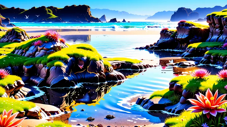 A Masterpiece In 32K Resolution, Supreme Quality, Super Detail, Official Art, Very High-Resolution 32K Wallpaper, Beautiful And Aesthetic, Ultra-Detailed Features, Awe-Inspiring Detail. An Intricate 32K Scene Of Tide Pools Along A Rugged Coastline At Sunri...