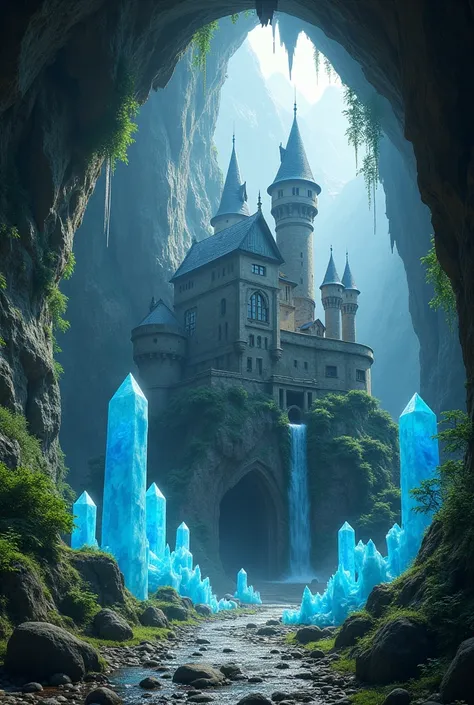 Realistic image of a castle embedded in the rocks deep inside a cave in the cave there is vegetation and bright blue crystals