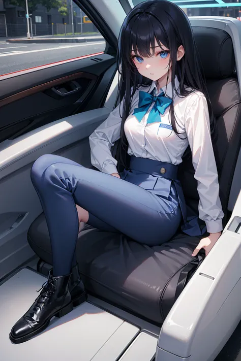 high school student ， Has long, dark hair ， with warm blue eyes ， Wore a fresh blue suit and black boots ， pure white collar and bright green bow 。 has long dark hair and warm blue eyes ， sitting in a car seat ， spread legs